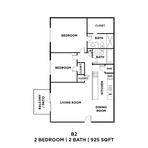 A floor plan of a 2 bedroom apartment with 2 bathrooms.